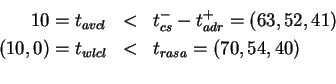 \begin{eqnarray*}10 = t_{avcl} &<& t_{cs}^- - t_{adr}^+ = (63,52,41)\\
(10,0)= t_{wlcl} &<& t_{rasa} = (70,54,40)\\
\end{eqnarray*}